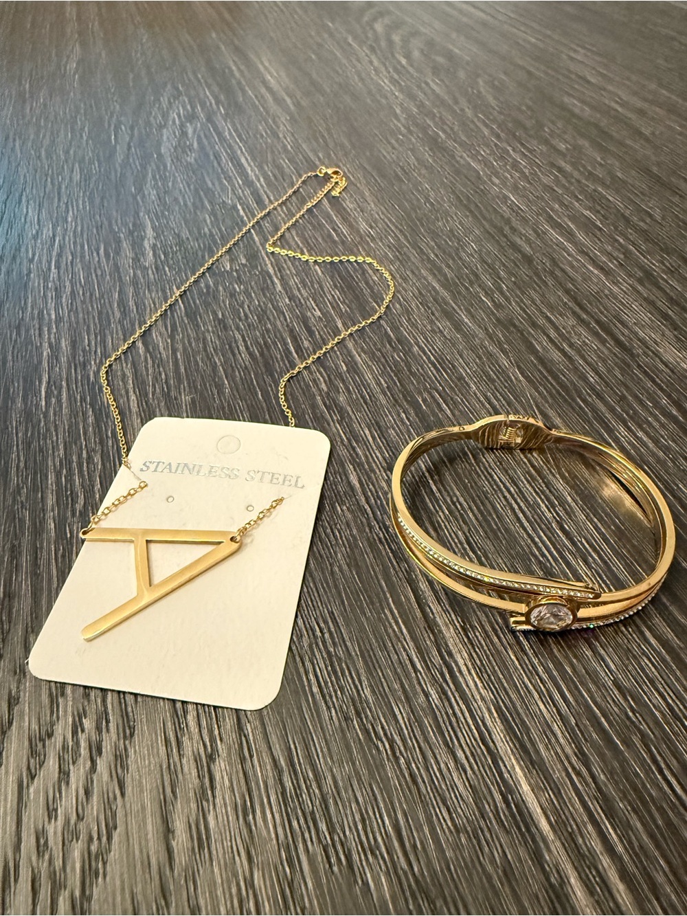 Gold Initial 'A' Necklace and Gold Bangle Bracelet Set